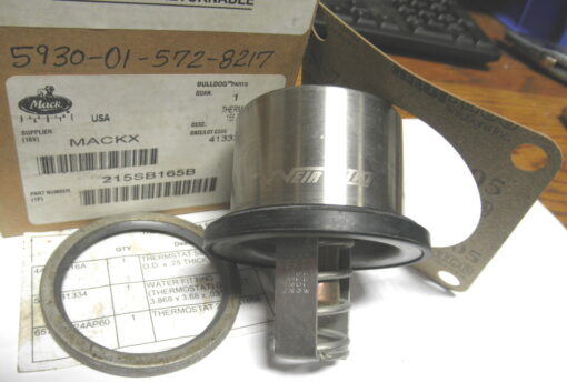 OEM Thermostat for Mack Truck with a Thermo E6 ESI or ESI Plus Diesel Engine. Mack PN# 215SB165B. Comes with installation kit including Seal 2.66 O.D. X .25 Thick (447GC216A), Gasket 3.868 X 3.68 X .031(590GB1334), and Thermostat 215SB165BP3 (657GC324AP60). 5930-01-572-8217 Buffalo MRAP L3C9