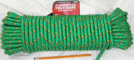 3/8" x 100' Diamond Braid Poly Rope,100' Long. 3/8" Mildew Resistant. Lehigh Group, MFP8100A, 071514000893, 244 Lb. Work Load, L3A2