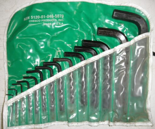14 Pc. Allen Wrench Key Set. This is military-specification tooling, meets or exceeds ASME B18.3.2 Made in the USA by Chesco of Upland, PA. Sizes 2mm-19mm with tool wrap. NSN 5120-01-046-5079. L2C3