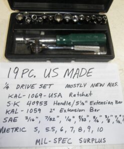 US Made, 1/4 Ratchet and Socket Set, 19Pc., 1/4 Drive Socket Set with Case, SAE and Metric, Mil-Spec, Made in USA, Mostly new old stock, military surplus, KAL-USA, S-K Tools, used Snap-on phillips driver, KAL-1069, S-K 40953, KAL-1059, 3/16, 7/32, 1/4, 9/32, 5/16, 3/8, 7/16, 1/2, 5mm, 5.5mm, 6mm, 7mm, 8mm, 9mm, 10mm, mil-spec surplus, L1A6