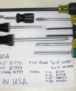 10 Pc. Screwdriver Set, MADE IN USA, Pratt-Read USA, Slotted 3/8 x 8, 1/4 x 4, 1/4 Stubby, Phillips No.3 x 6, No.2 x 4, No.2 Stubby, Torx T-10, T-15, T-27, T-30, T10, T15, T27, T30, Flat Blade, 81770, 81593, 81959, 83887, 222-8852, 81299, 81308, 588427, 42430, NOS, L1C8