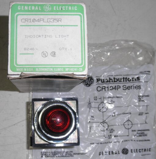 NEW, CR104PLG35R, GE Indicating Light, Made in USA, General Electric, Pilot Light RED, NIB, L1B4