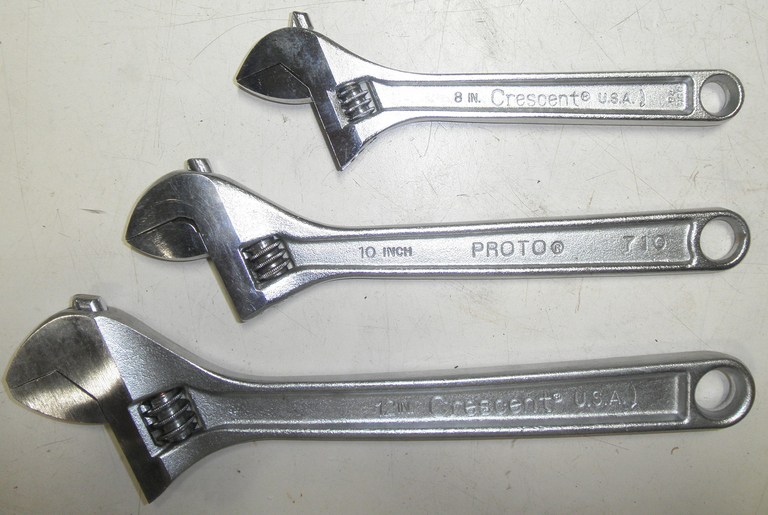 3 Piece Vintage Crescent Adjustable Wrench Set 8" 10" 12" Made in USA Used 