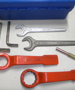 Used, DMB S1300 Demo Jack Hammer Tool Kit, Daemo 7 Pc. Tool Set with Box, includes 55mm striking wrench, 46mm striking wrench, 41mm service wrench, 36mm service wrench, 13.5 mm steel drift, 17mm Allen wrench, and 14mm Allen wrench,  Hyundai Demo DMBS1300