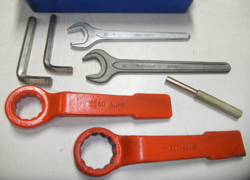 Used, DMB S1300 Demo Jack Hammer Tool Kit, Daemo 7 Pc. Tool Set with Box, includes 55mm striking wrench, 46mm striking wrench, 41mm service wrench, 36mm service wrench, 13.5 mm steel drift, 17mm Allen wrench, and 14mm Allen wrench,  Hyundai Demo DMBS1300