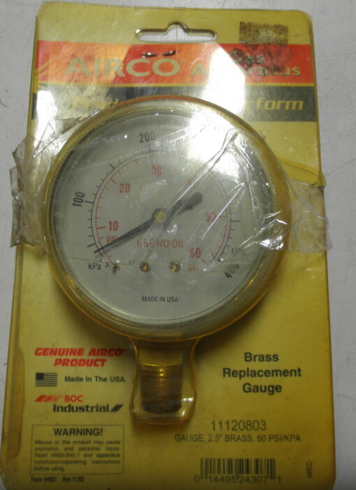 New Old Stock, BOC Industrial, Made in USA, Genuine AIRCO® Replacement Gauge, 11120803, 2-1/2" Brass 60PSI/KPA, 014495243071, L2B8A