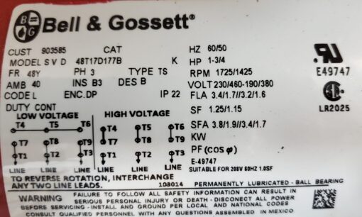 New Motor Only 48T17D177B Bell Gossett 1-3/4hp 3-Phase Pump Motor 48Y Frame 1.75hp Xylem Power Pack 2WH3CA