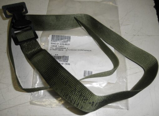 5340-01-429-8507 A3248935-7 Raytheon Olive Drab Webbing Strap w/ Spring Loaded Buckle 1" x 32" Strap, Web - Storage Container C7D8