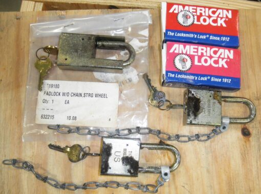 Set of 3 Padlocks A5200GLWN A5200GLSHN American Lock New Old Stock; stored in a damp location; surface rust but operating correctly. GOVERNMENT SOLID STEEL BUMPSTOP® L2C3 