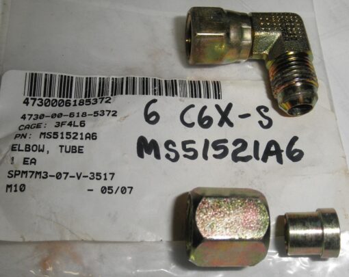 NOS 6 C6X-S 4730-00-618-5372 MS51521A6 53677C3 347/20927 MIL-DTL-18866 37° Flare JIC Swivel Elbow New Old Stock; light oxidation is present; see photo. R1C8A