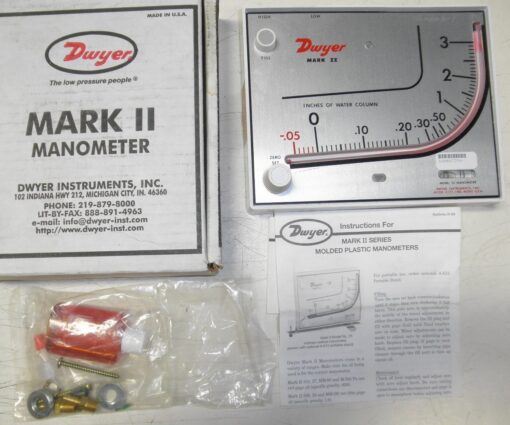 Dwyer Mark II Model 25 Manometer -.05-3" W.C. Water Column. Unopened package of fittings and fluid with instructions included.  ID number on painted on reverse side. L1C11