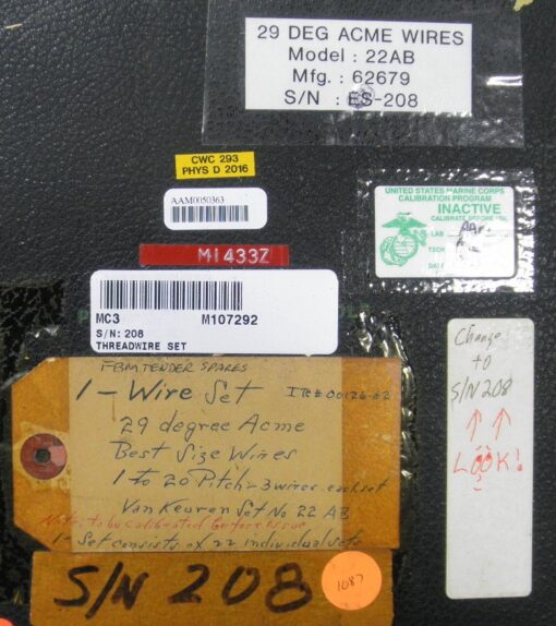 5210-01-420-2331 29° Acme Thread Measuring Wires 1-20 Pitch Van Keuren 22AB M397000 Wire Gage set. Tape and labels are present on case. R1B11