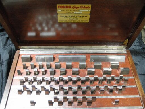 Fonda Gage Blocks 84 Piece Set Size .10005" - 4" Wooden Case has labels and some scratches. L5A0